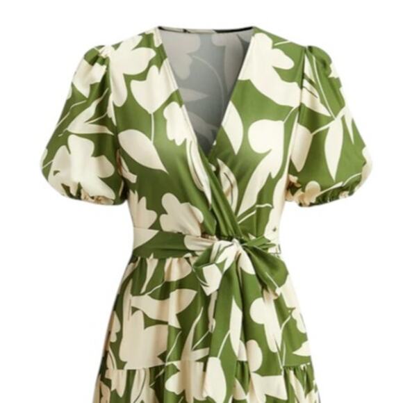 Commense Green Floral Maxi Dress Puff Sleeve V-Neck Tiered Skirt NWT Size XL - Picture 2 of 7